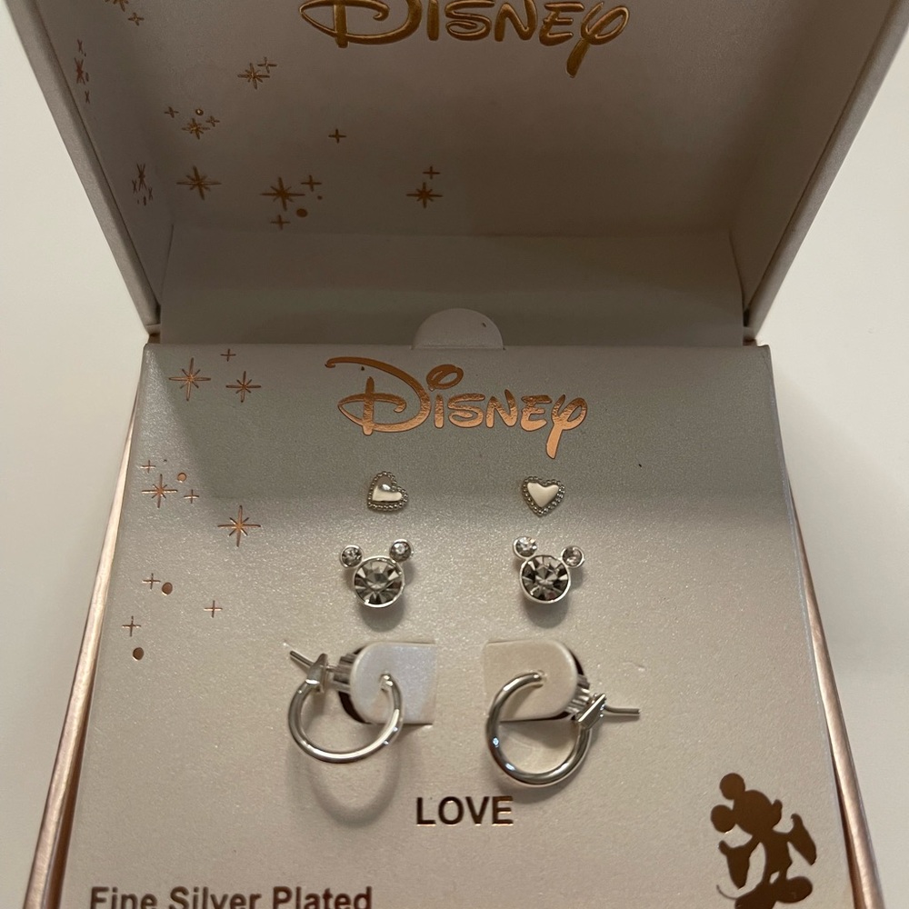 Disney Silver Earrings with Mickey and Heart Designs